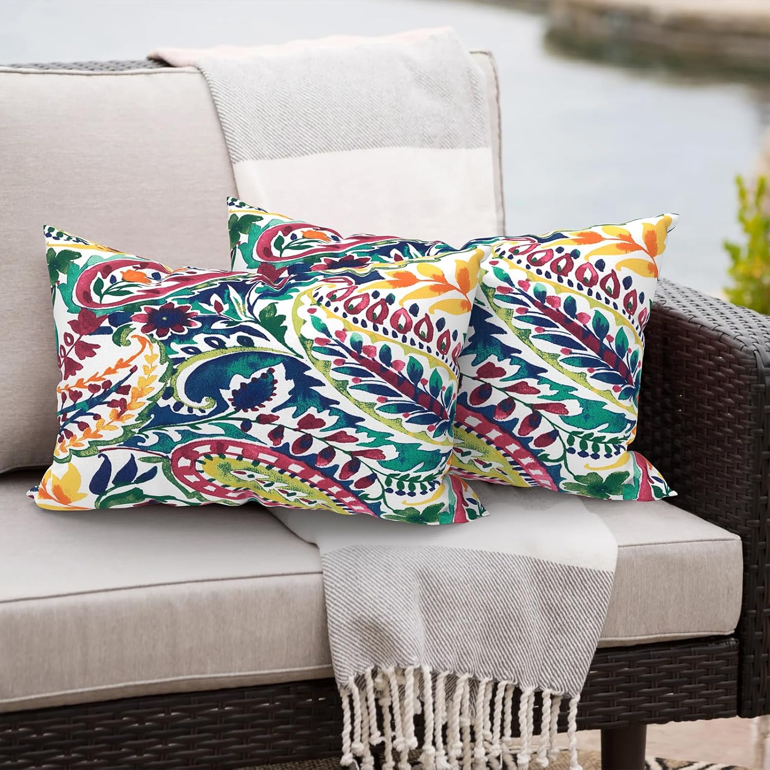 Vigour Paisley Lumbar Pillow Set 12x20 Inch Water Repellent Pack of 2