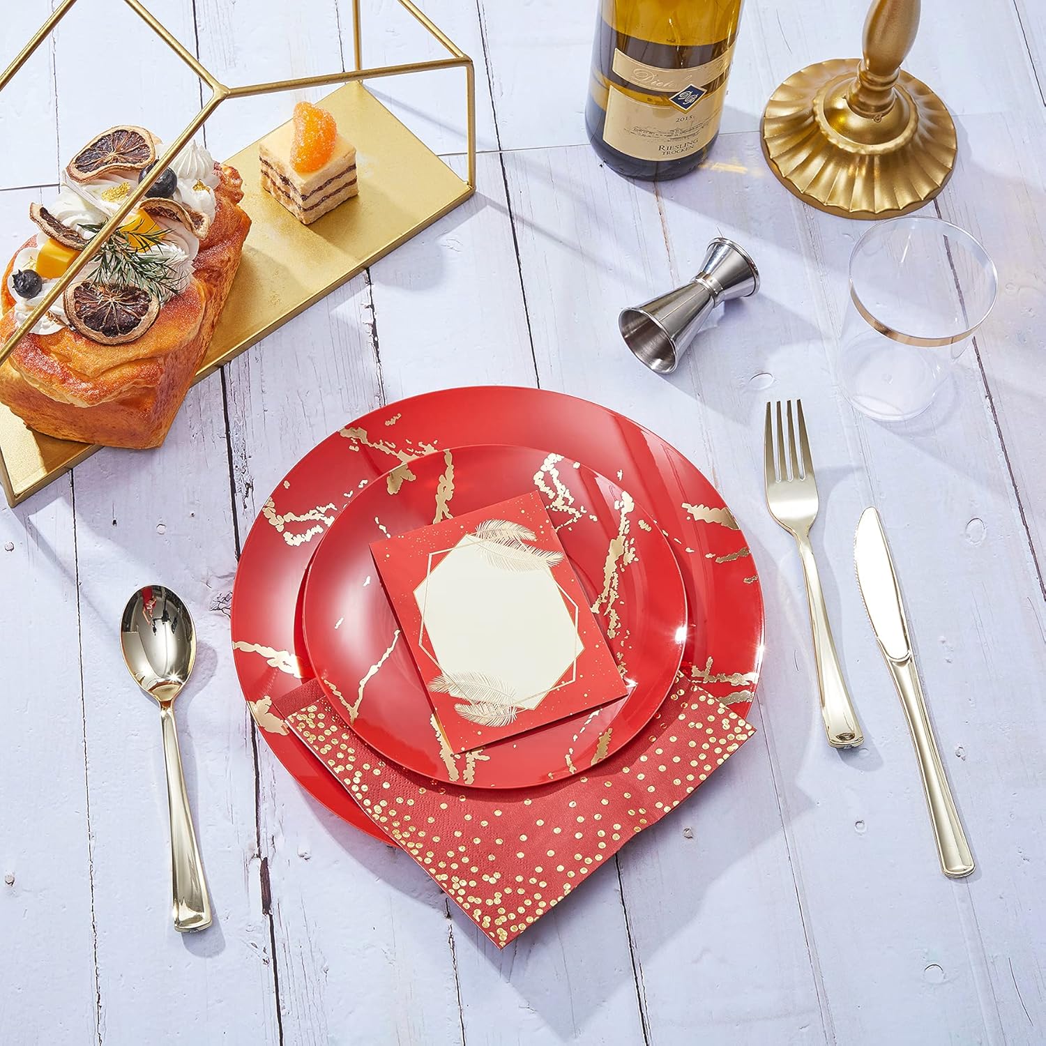 N9R 225PCS Red Gold Plastic Dinnerware Set