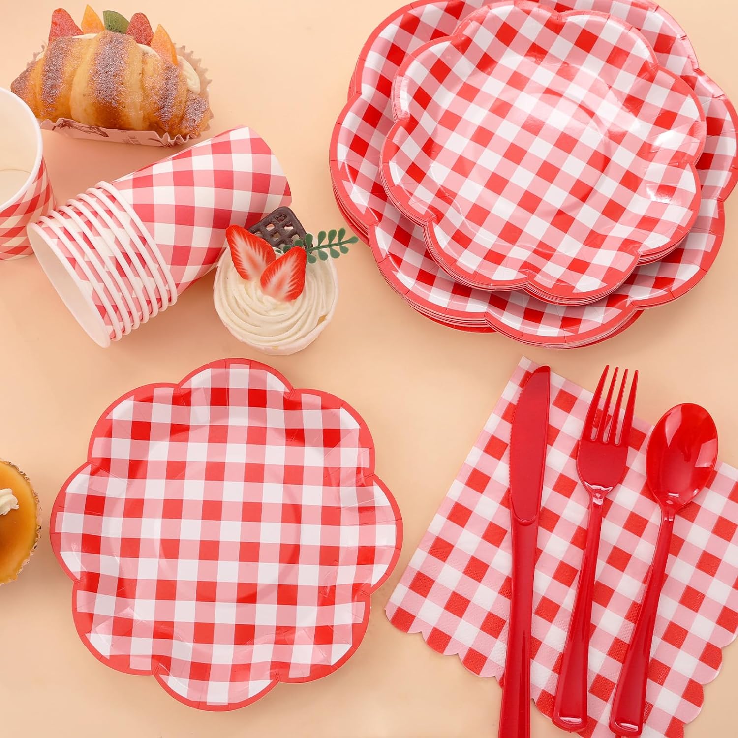 175 Pcs Red Gingham Plates Napkins Party Supplies Set
