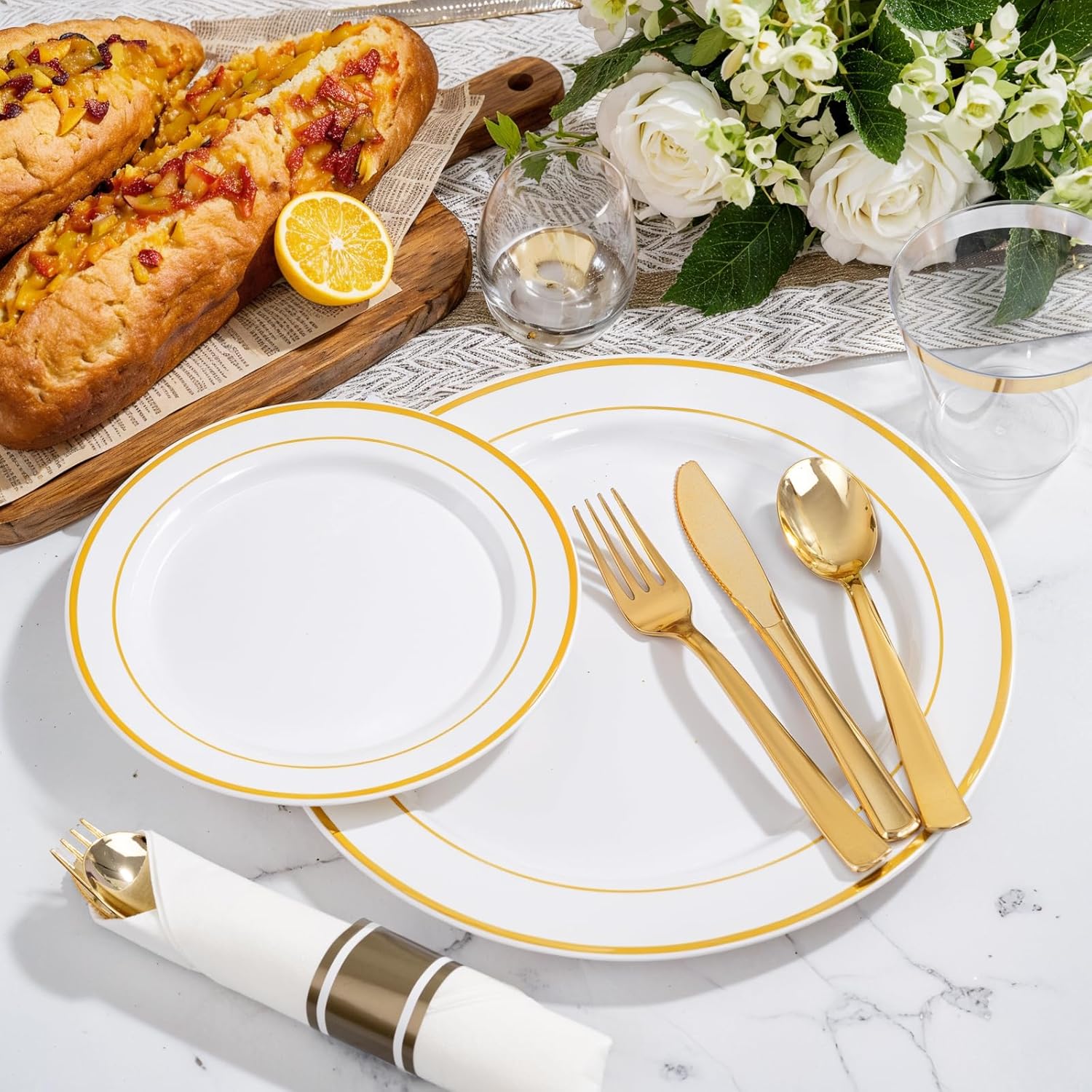 WELLIFE 350Pcs White Gold Plastic Plates for 50 Guests