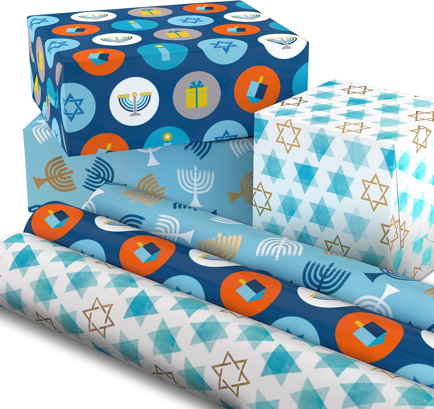 Hallmark Hanukkah Wrapping Paper with Cutlines Blue Gold Star of David