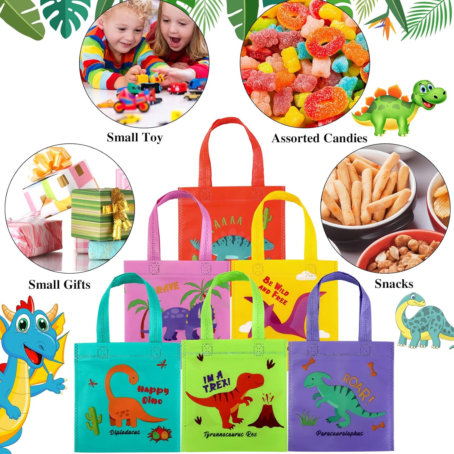 Tallew 24 Dinosaur Party Favor Bags with Handles Reusable
