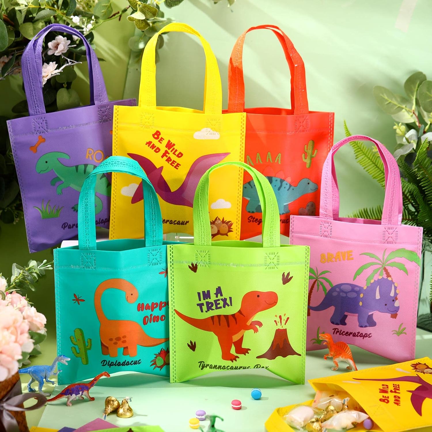 Tallew 24 Dinosaur Party Favor Bags with Handles Reusable