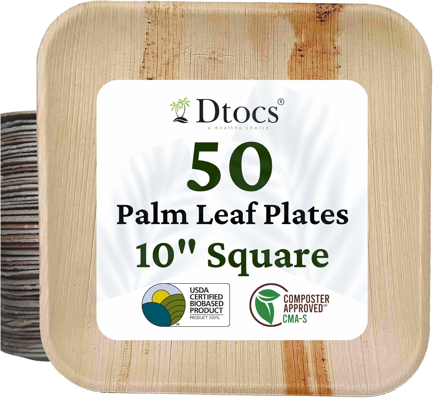 Dtocs 10 Inch Square Compostable Palm Leaf Plates 50 Pack