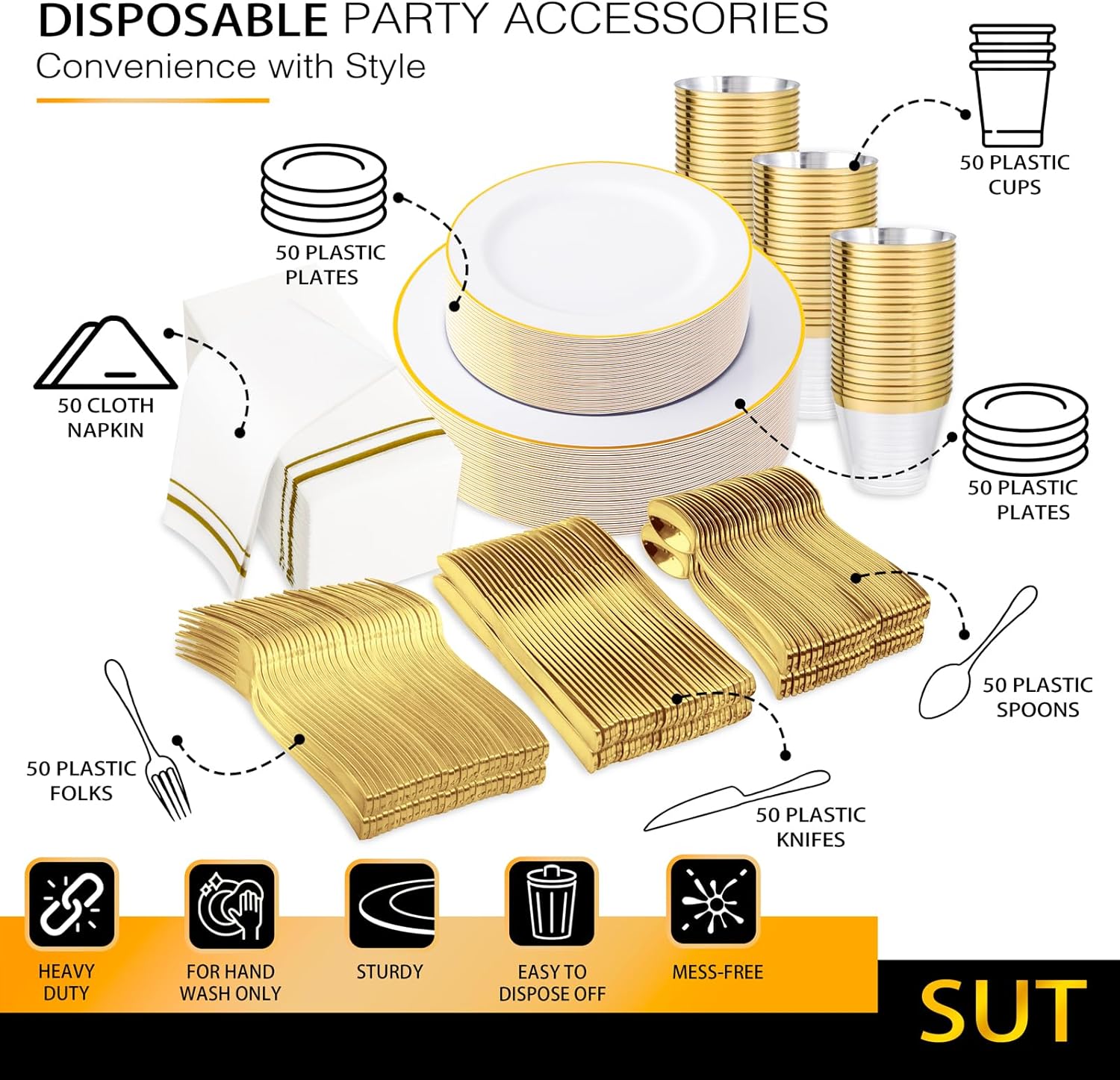 SUT 350 PCS White Gold Disposable Dinnerware Set for 50 Guests