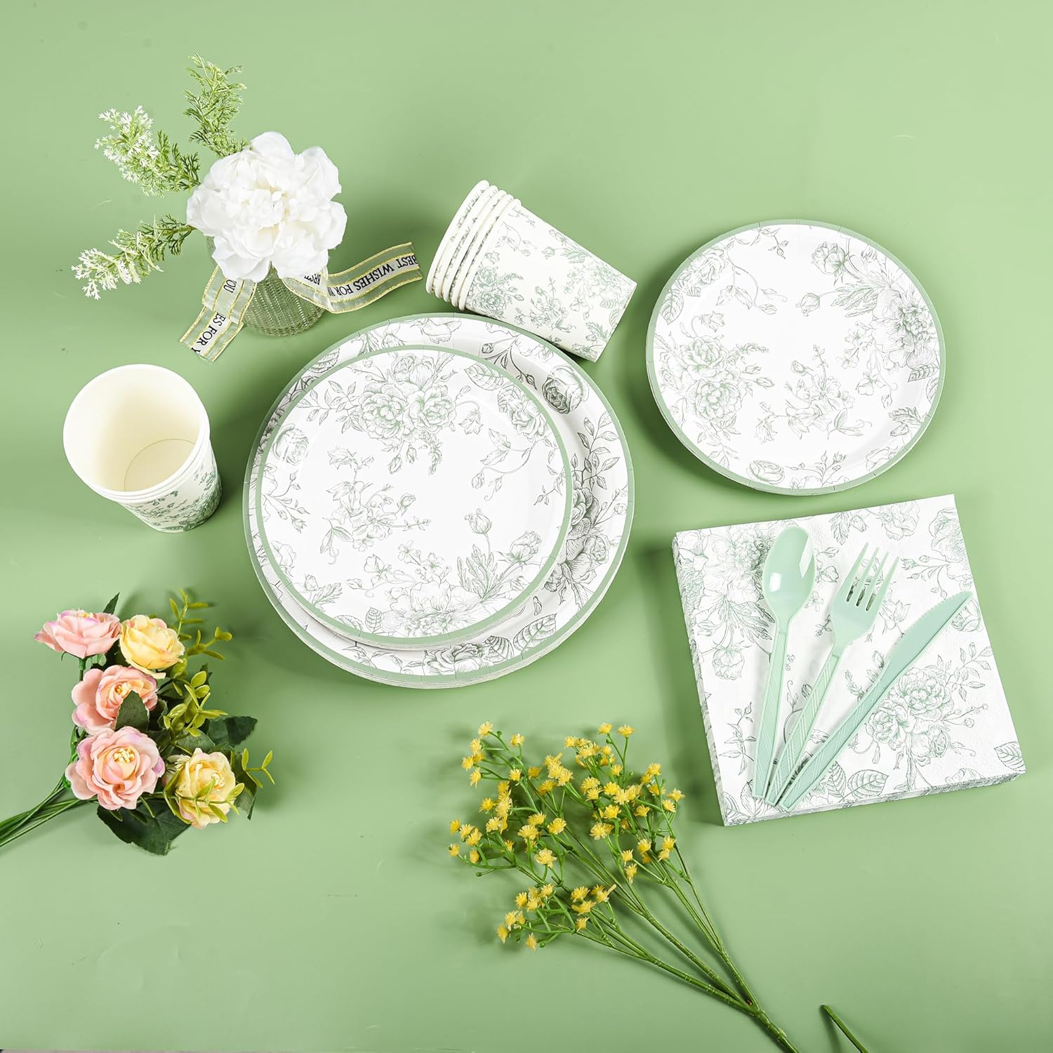 175Pcs Sage Green Floral Party Set Plates Napkins Cups Cutlery