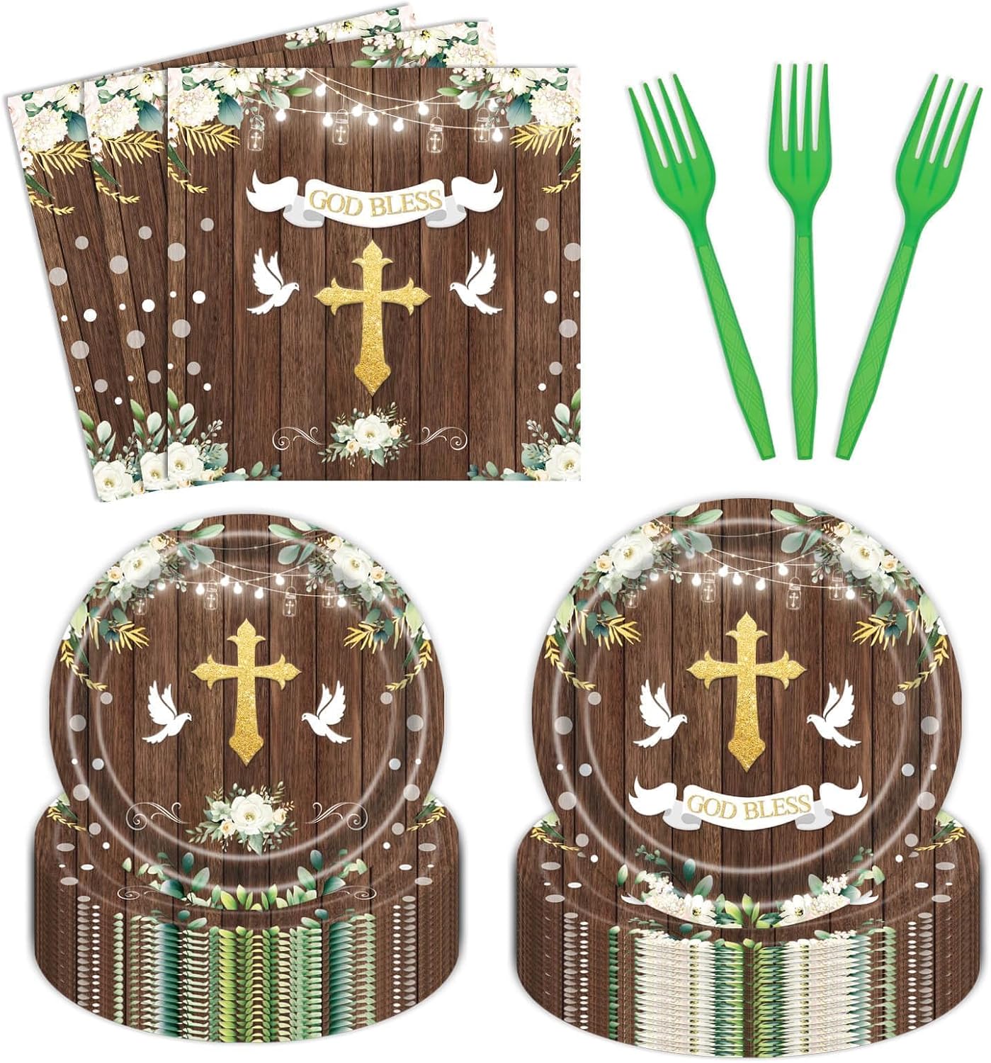 96Pcs God Bless Party Supplies Plates Set for 24 Guests
