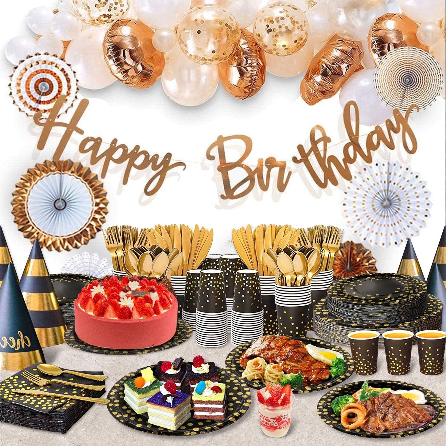 AIRE Black and Gold Paper Plates for 25 Guests Party Set
