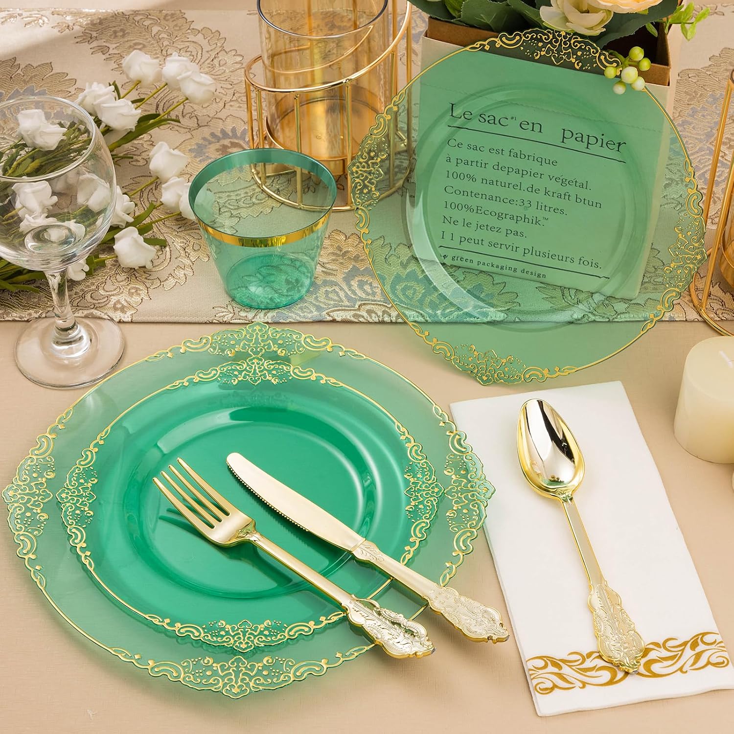 350PCS Clear Green Plastic Plates with Gold Trim for 50 Guests