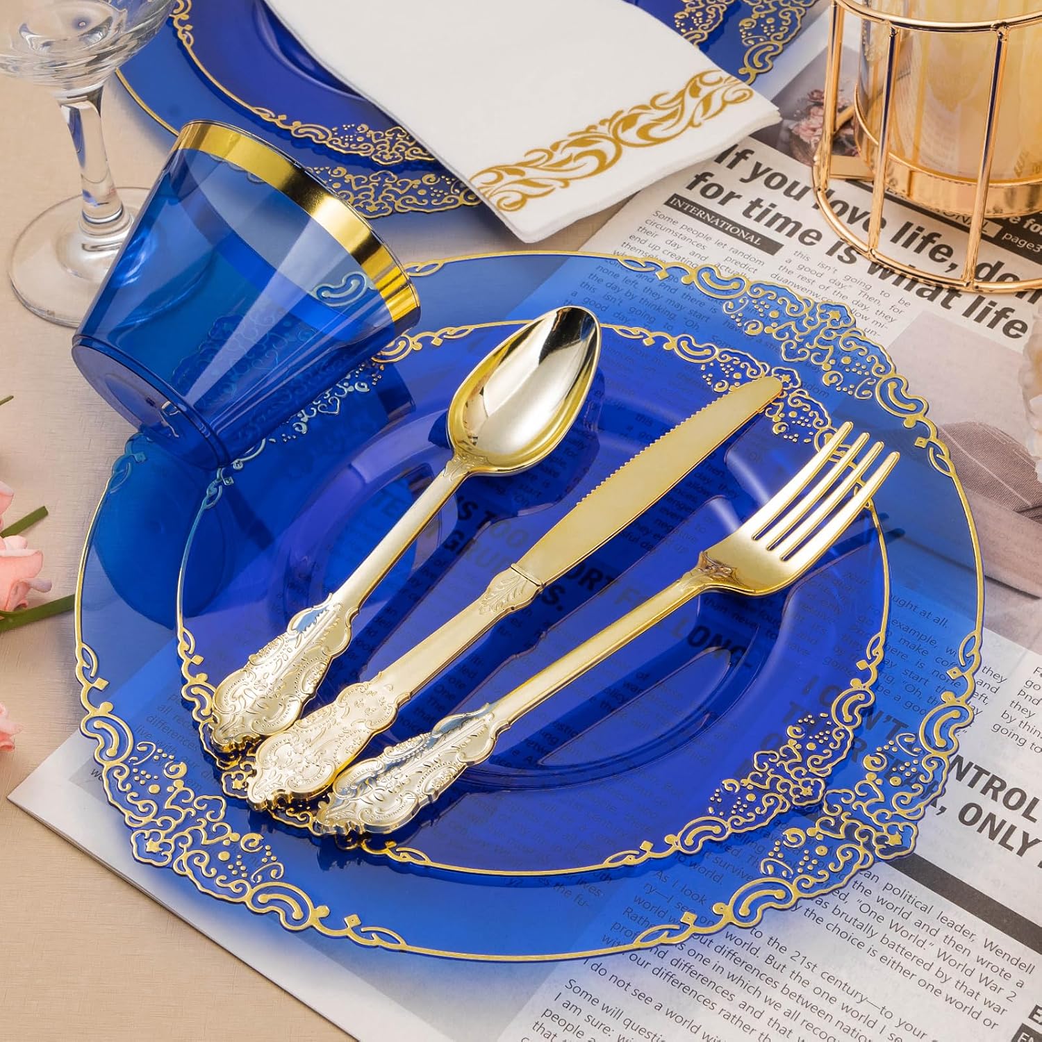 350PCS Clear Blue Plastic Plates with Gold Trim for 50 Guests
