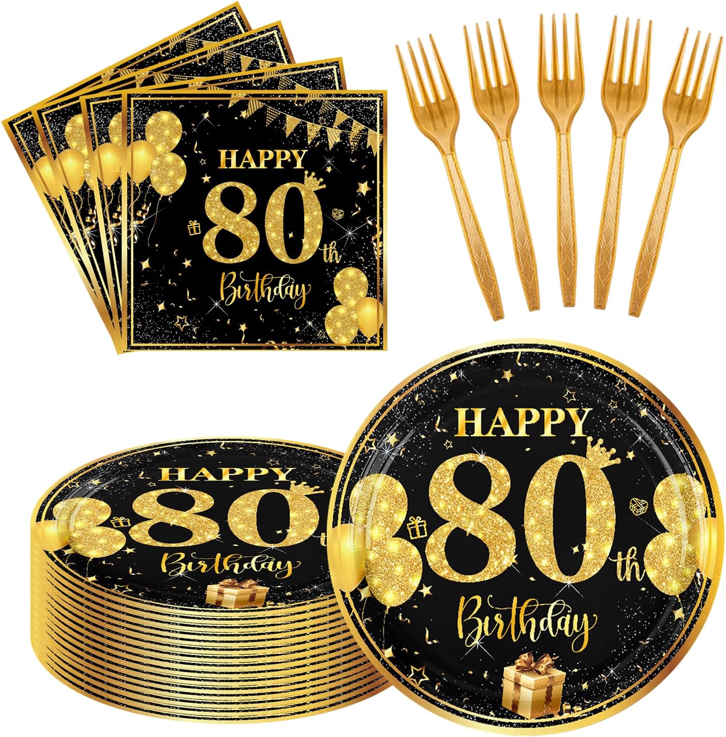 80th Birthday Paper Plates Napkins Forks 60pcs Set