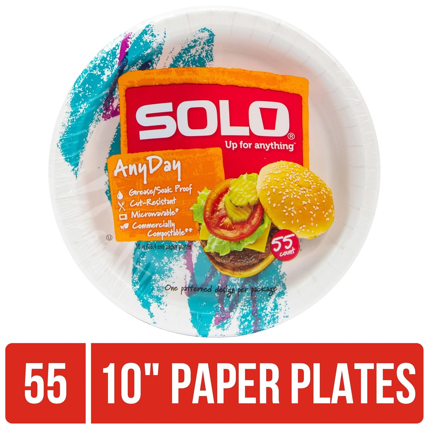 SOLO 10 Inch Large Paper Plates Pack of 55ct Jazz 90s Print