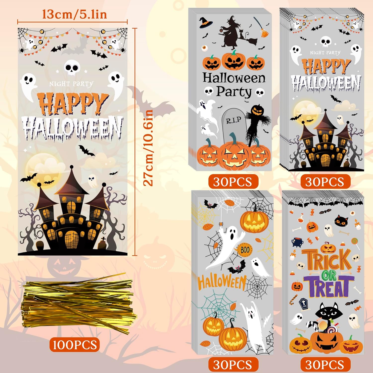 Halloween Treat Bags 120 PCS - Spooky Cellophane Goodie Bags for Kids