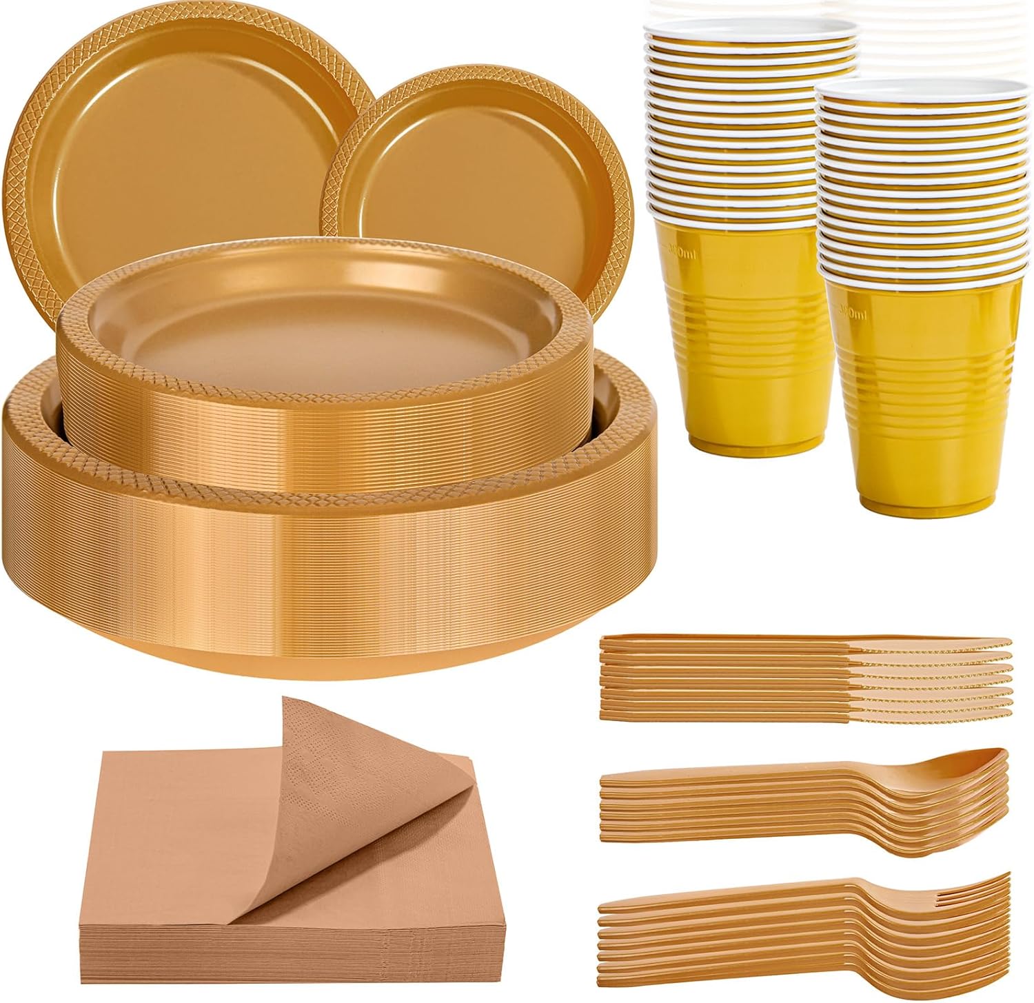 WELLIFE 210Pcs Gold Plastic Plates Dinnerware Set for Parties