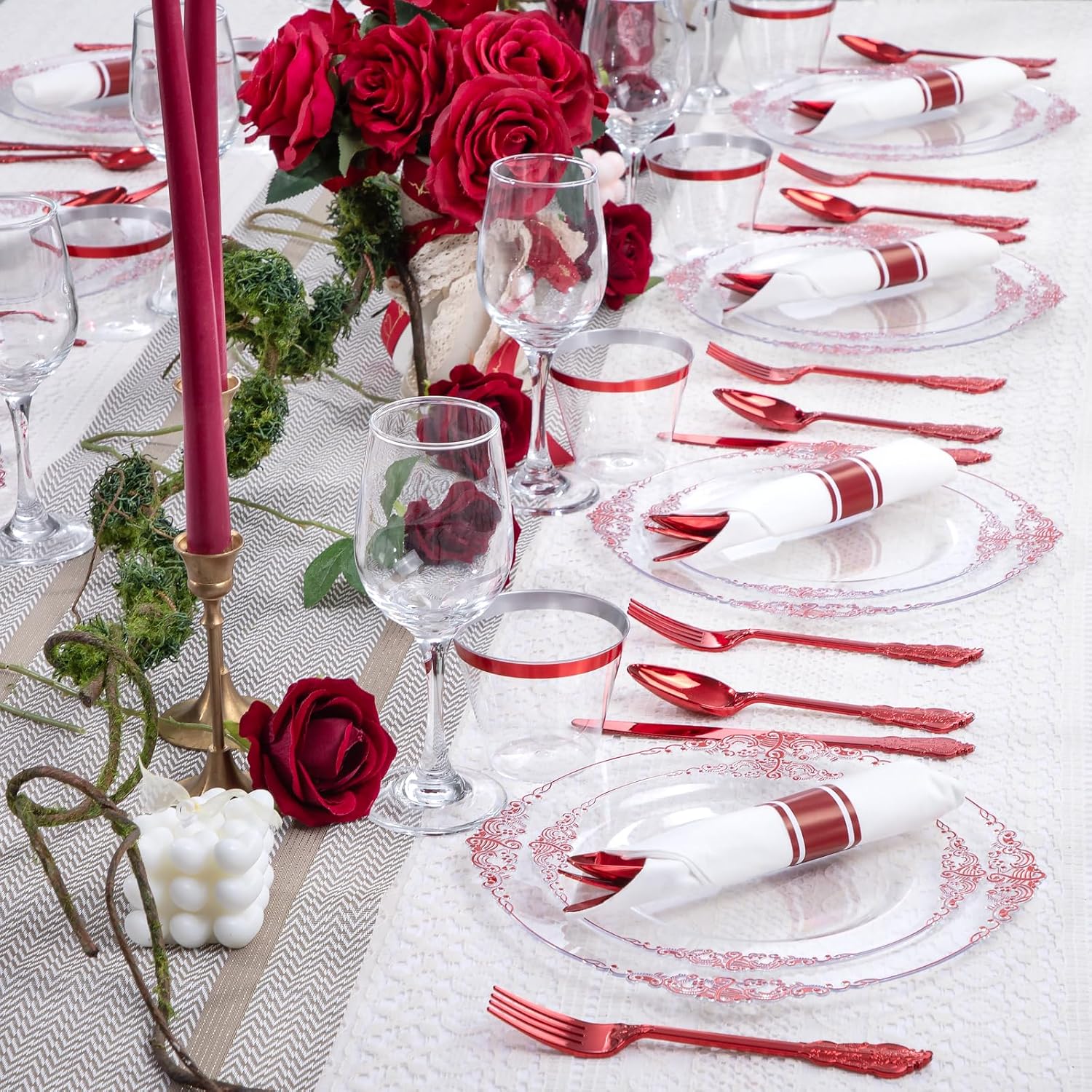 Hioasis 350pcs Clear Red Plates for 50 Guests
