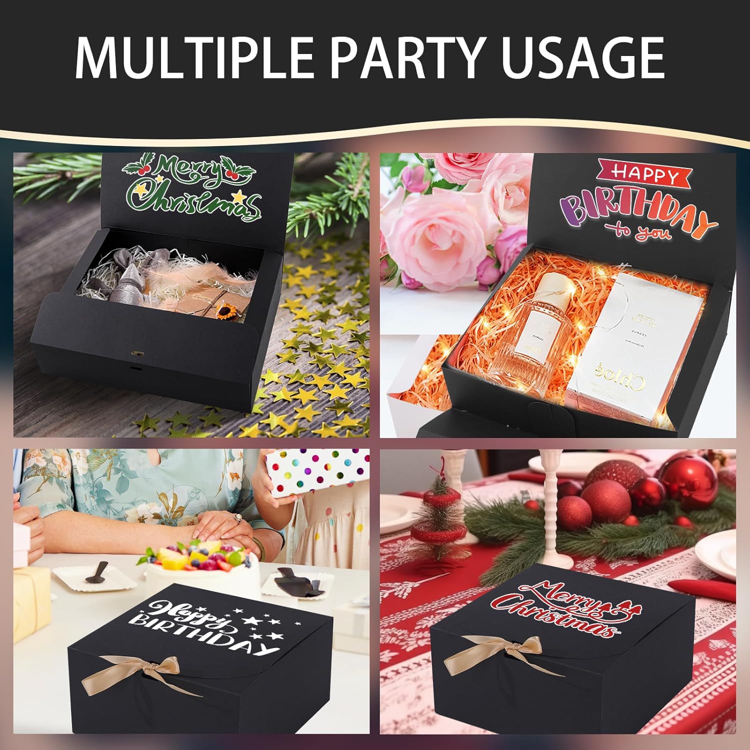 12 Pack Black Gift Boxes with Lids and Ribbons