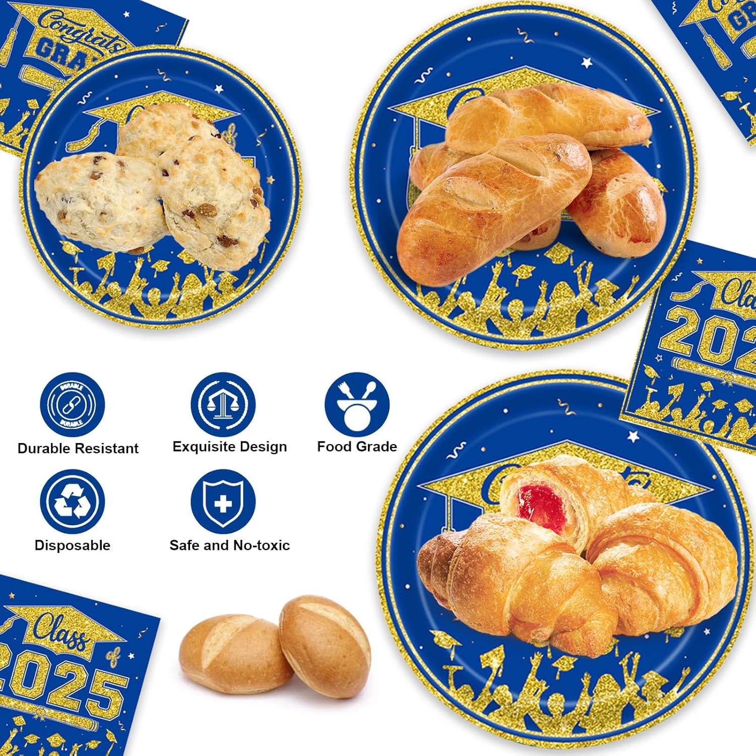 Veramz 150 Pcs Graduation Party Plates Napkins Set Blue Gold