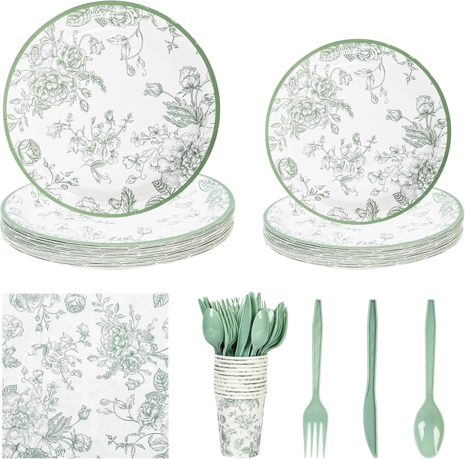 175Pcs Sage Green Floral Party Set Plates Napkins Cups Cutlery
