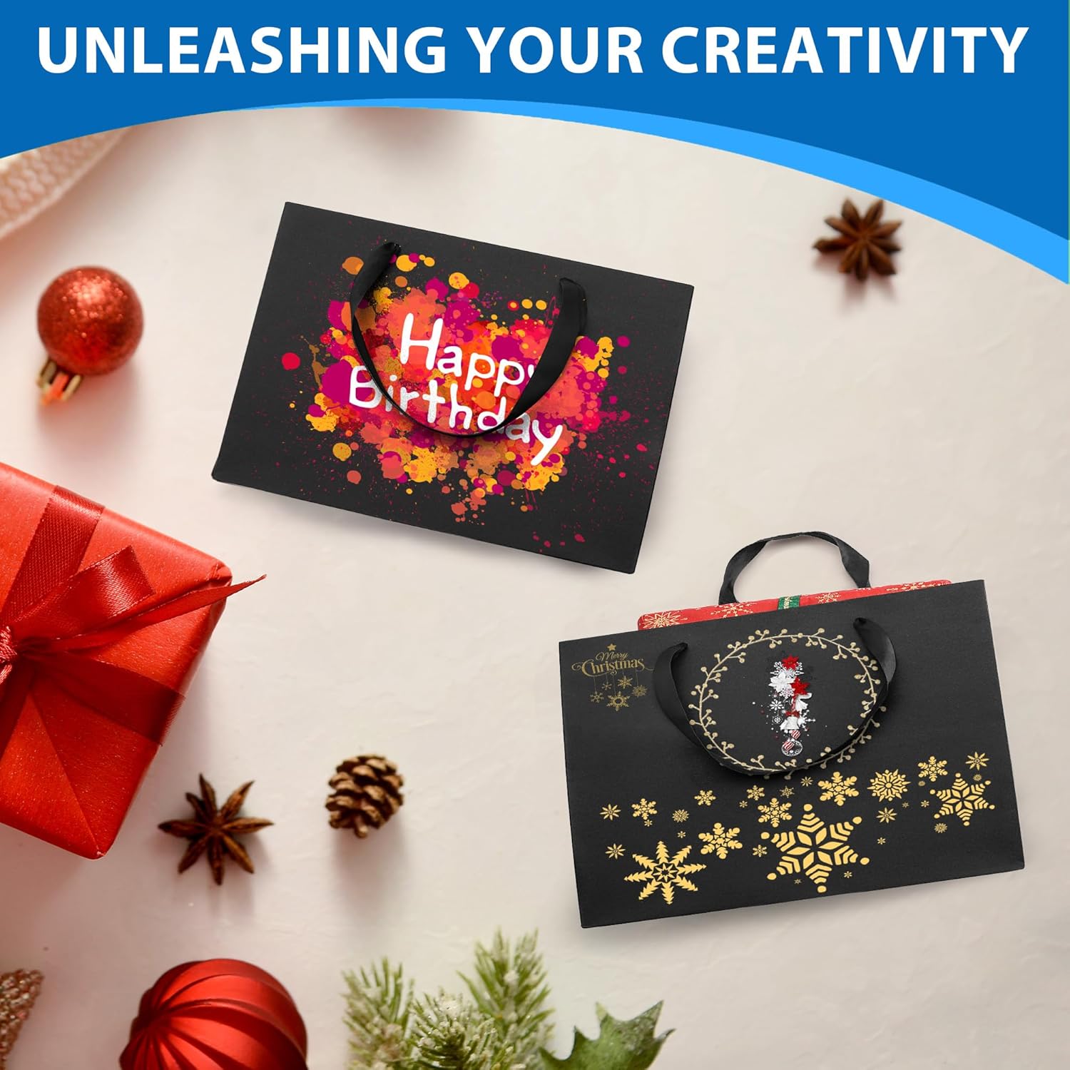 Argivean Medium Large Black Gift Bags 6pcs With Handles