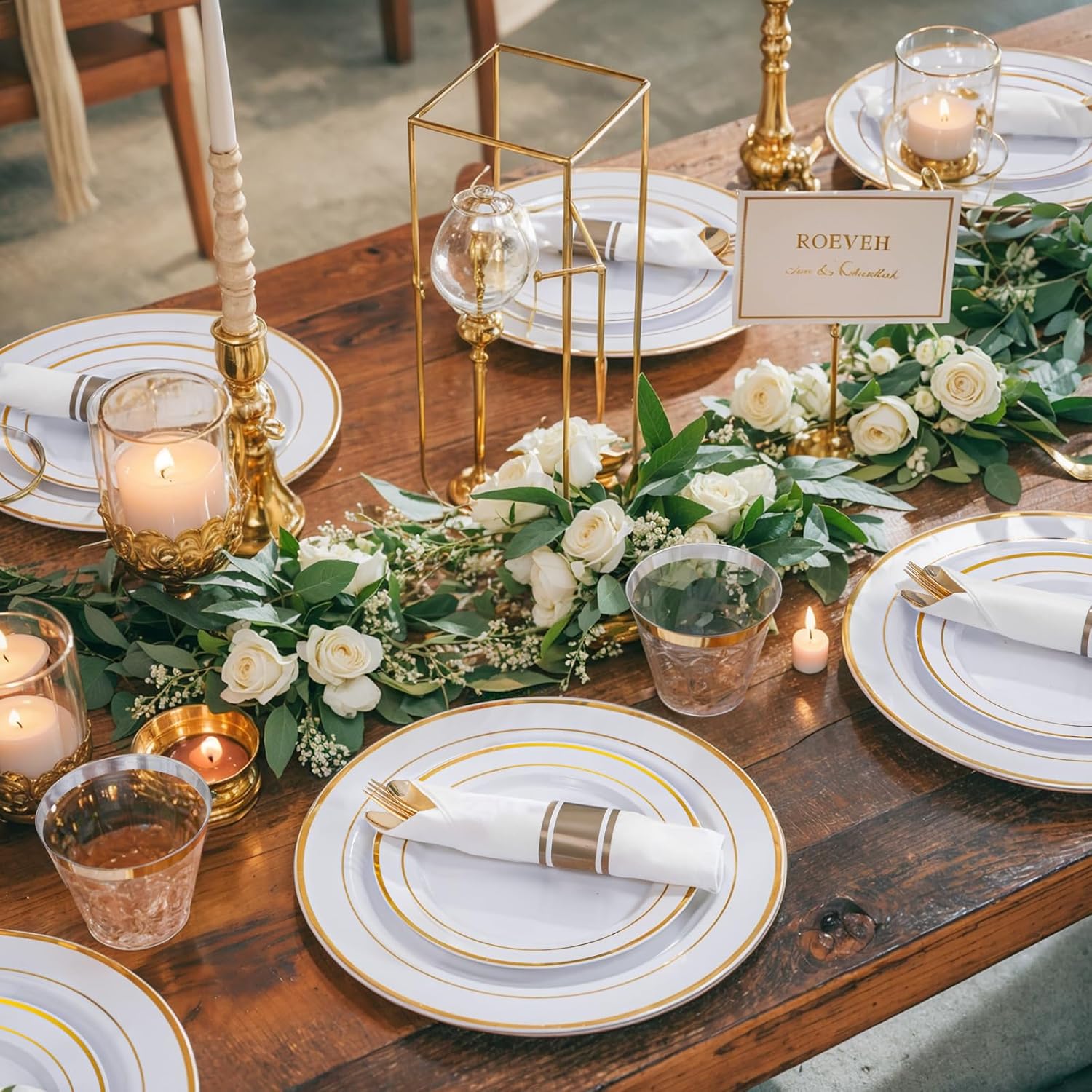 WELLIFE 350Pcs White Gold Plastic Plates for 50 Guests
