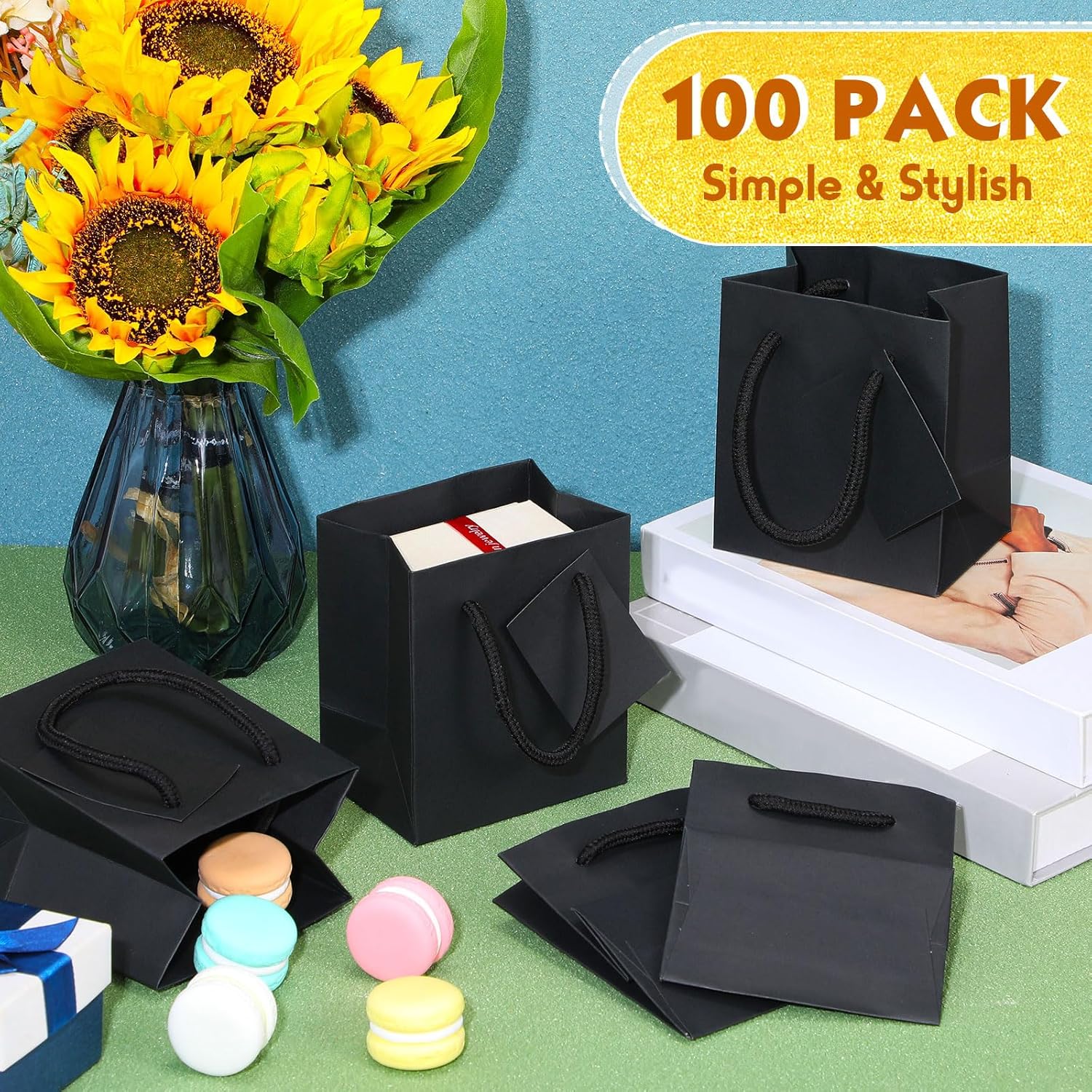 Sherr 100 Pack Mini Gift Bags with Handles Black