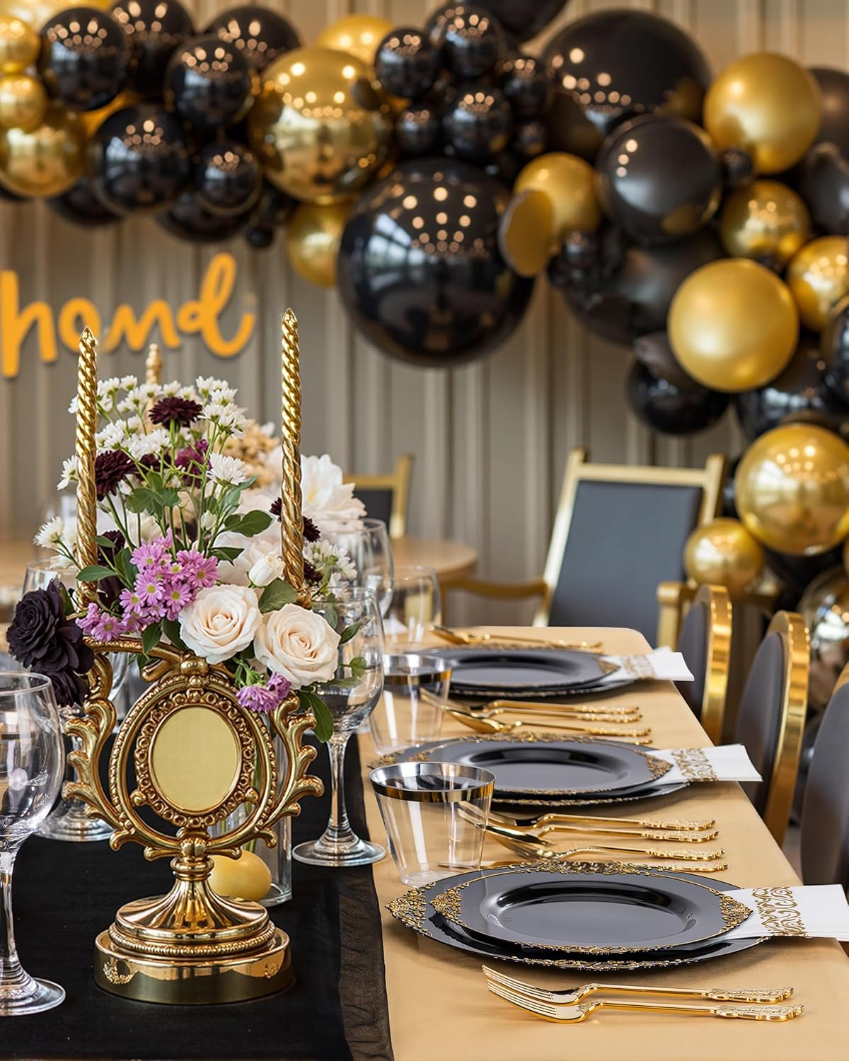 Nervure 350PCS Black Plastic Plates Set for 50 Guests