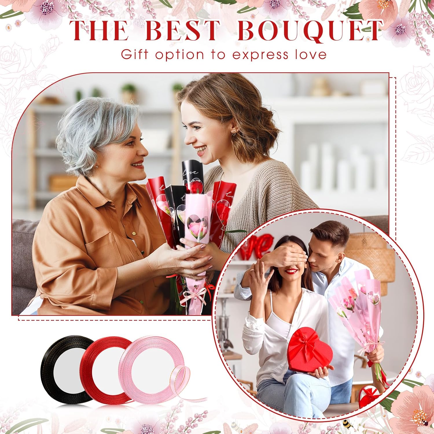 Jutom 300 Pcs Graduation Single Rose Flower Wrap Bags with 3 Polyester Ribbon