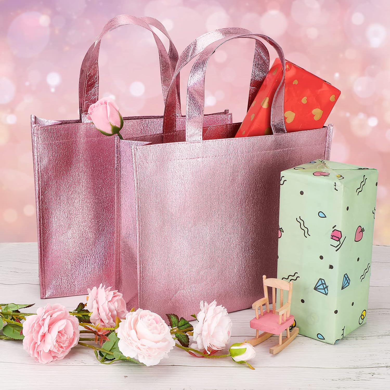 PHOGARY 12 Large Pink Gift Bags with Handles