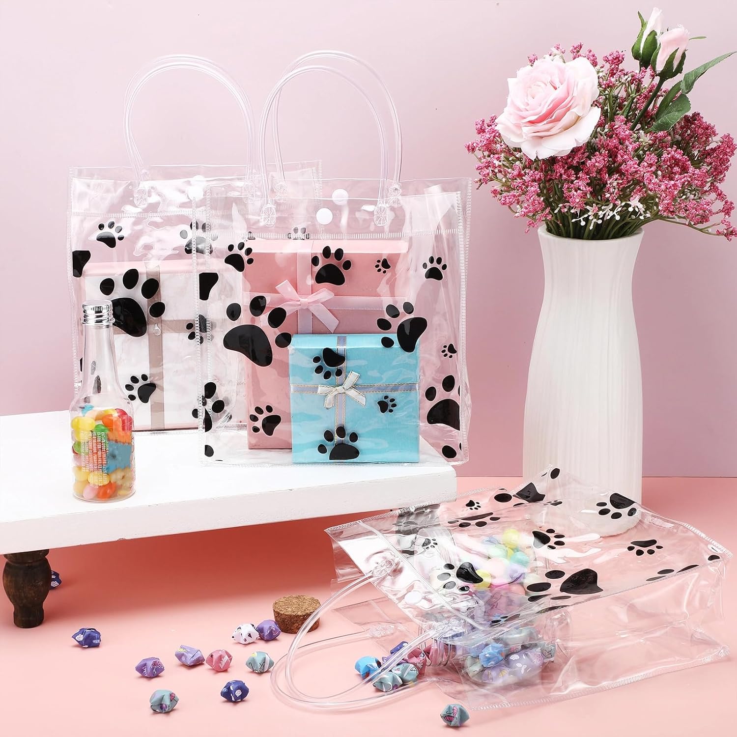 Teling 20-Pack Clear Dog Paw Gift Bags with Handles