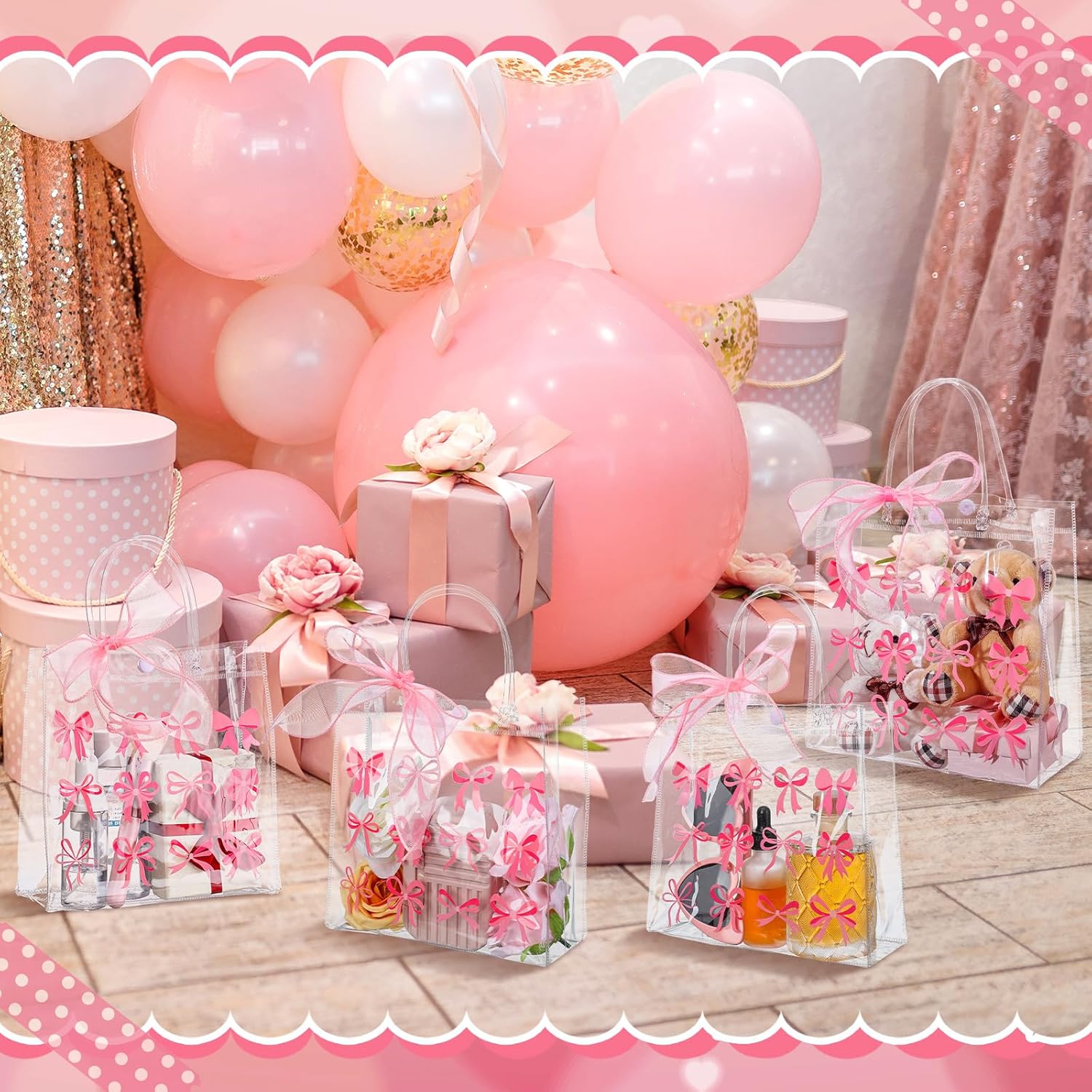 Kolldenn 24 Pcs Clear Gift Bags with Pink Bow Handles