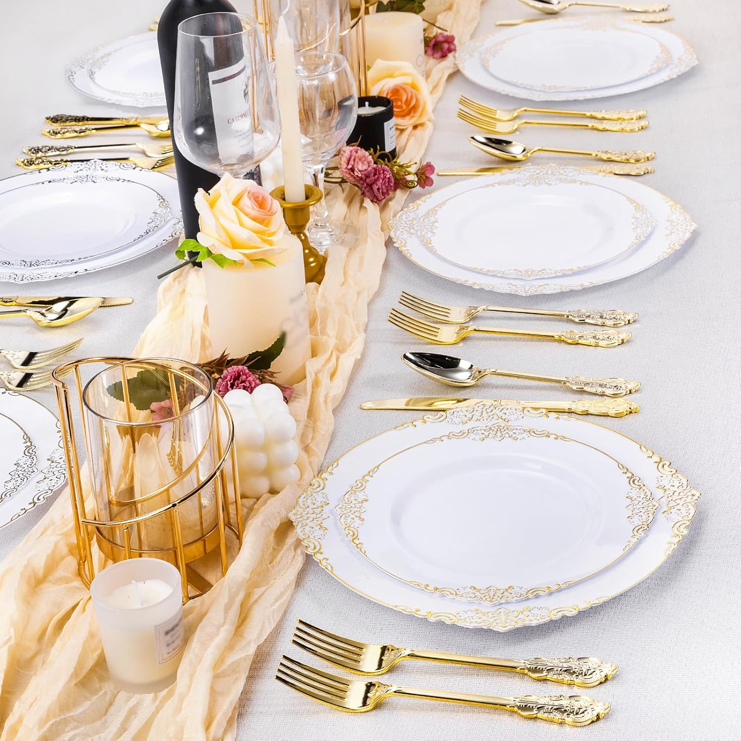 100 PCS White Gold Plastic Plates for 50 Guests