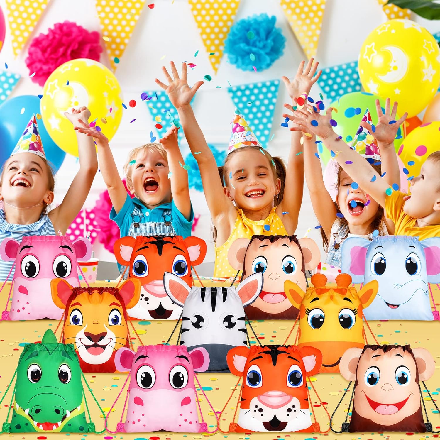 Hillban 16 Pcs Animal Drawstring Bags for Kids Party