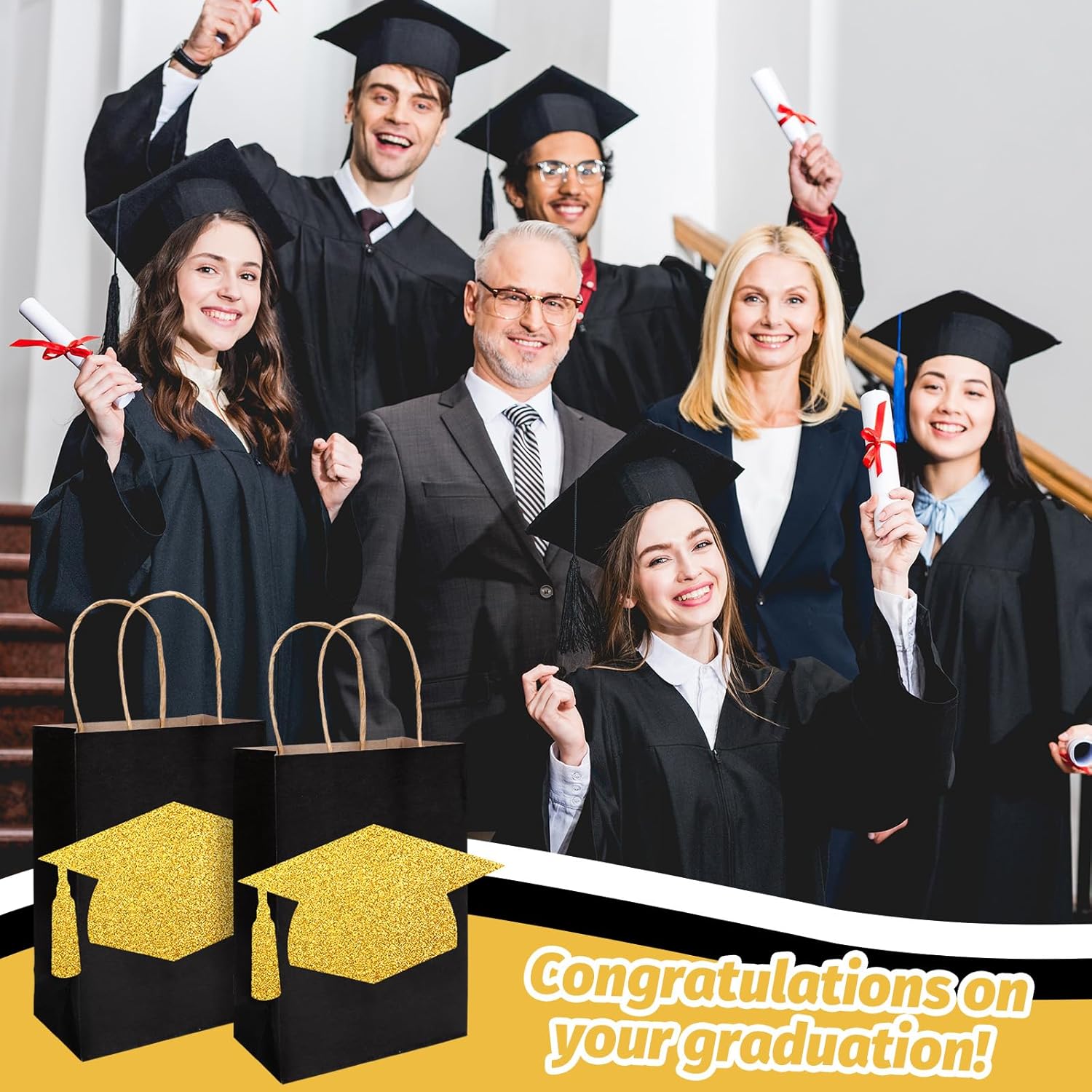 FYSUIMU 24Pcs Glitter Gold Graduation Gift Bags with Handle