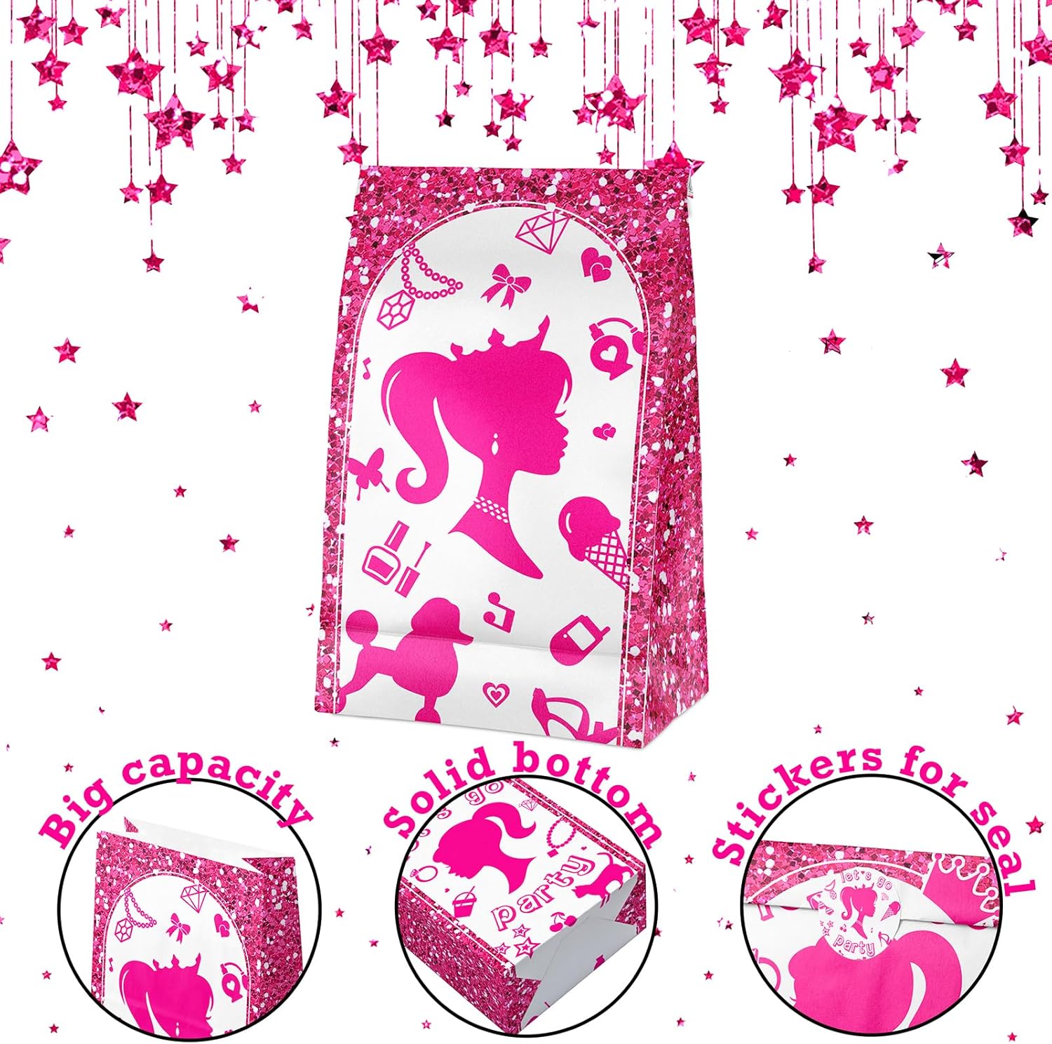 24 Pcs Pink Goodie Bags with Stickers for Girls