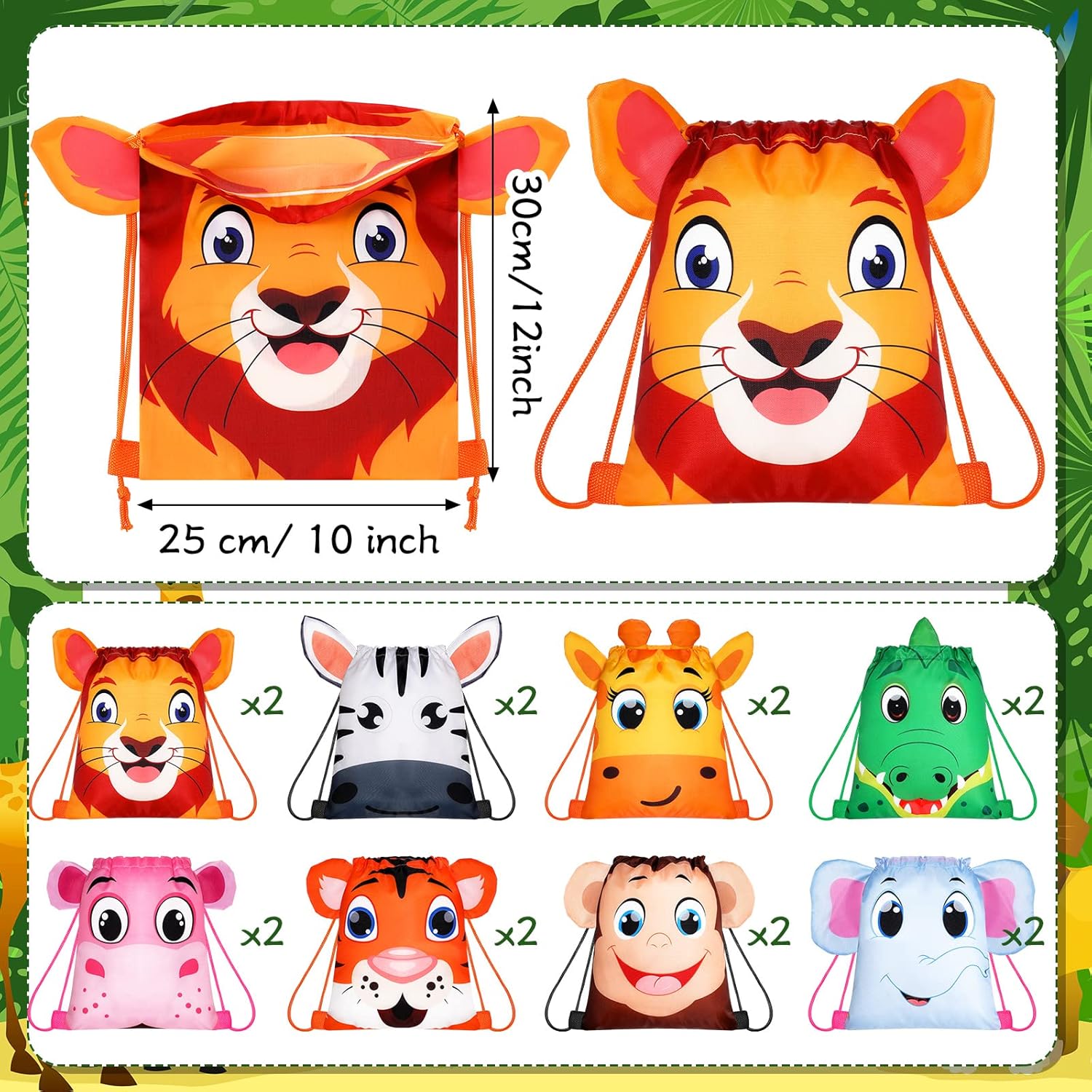 Hillban 16 Pcs Animal Drawstring Bags for Kids Party
