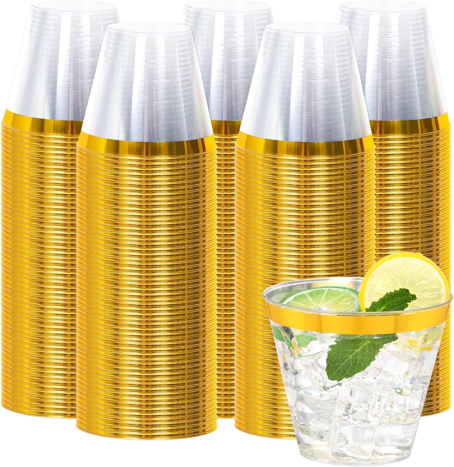 200 Pcs Gold Rim Clear Plastic Cups 9 Oz