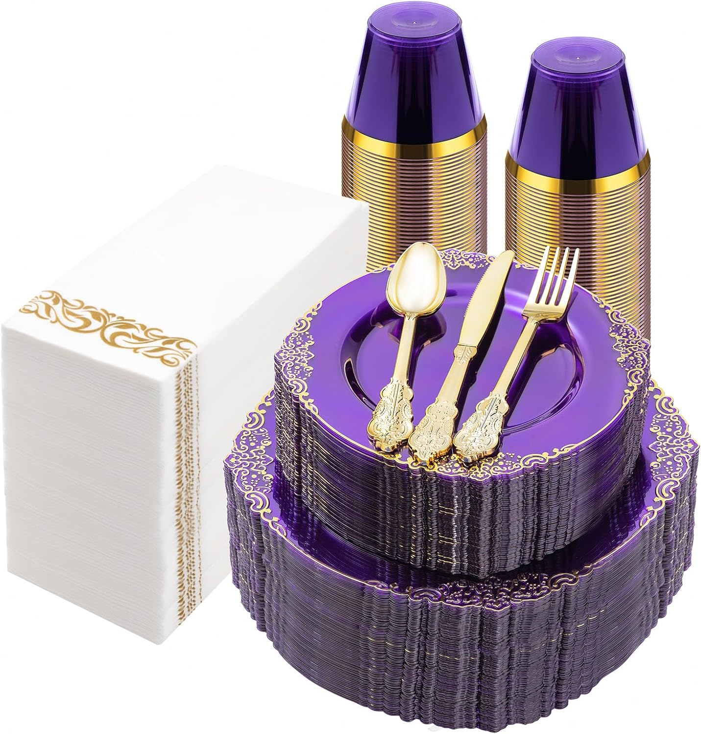 350PCS Clear Purple Plastic Plates with Gold Trim for 50 Guests