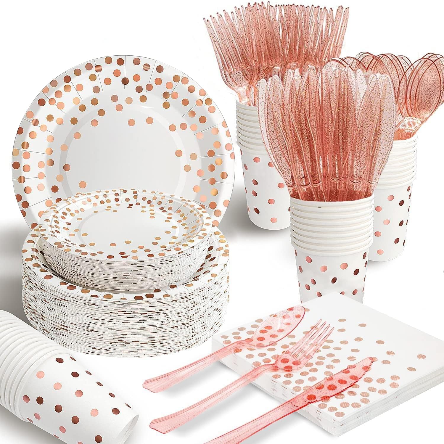 AIRE 175Pcs White Rose Gold Paper Plates Dinnerware Set for 25 Guests