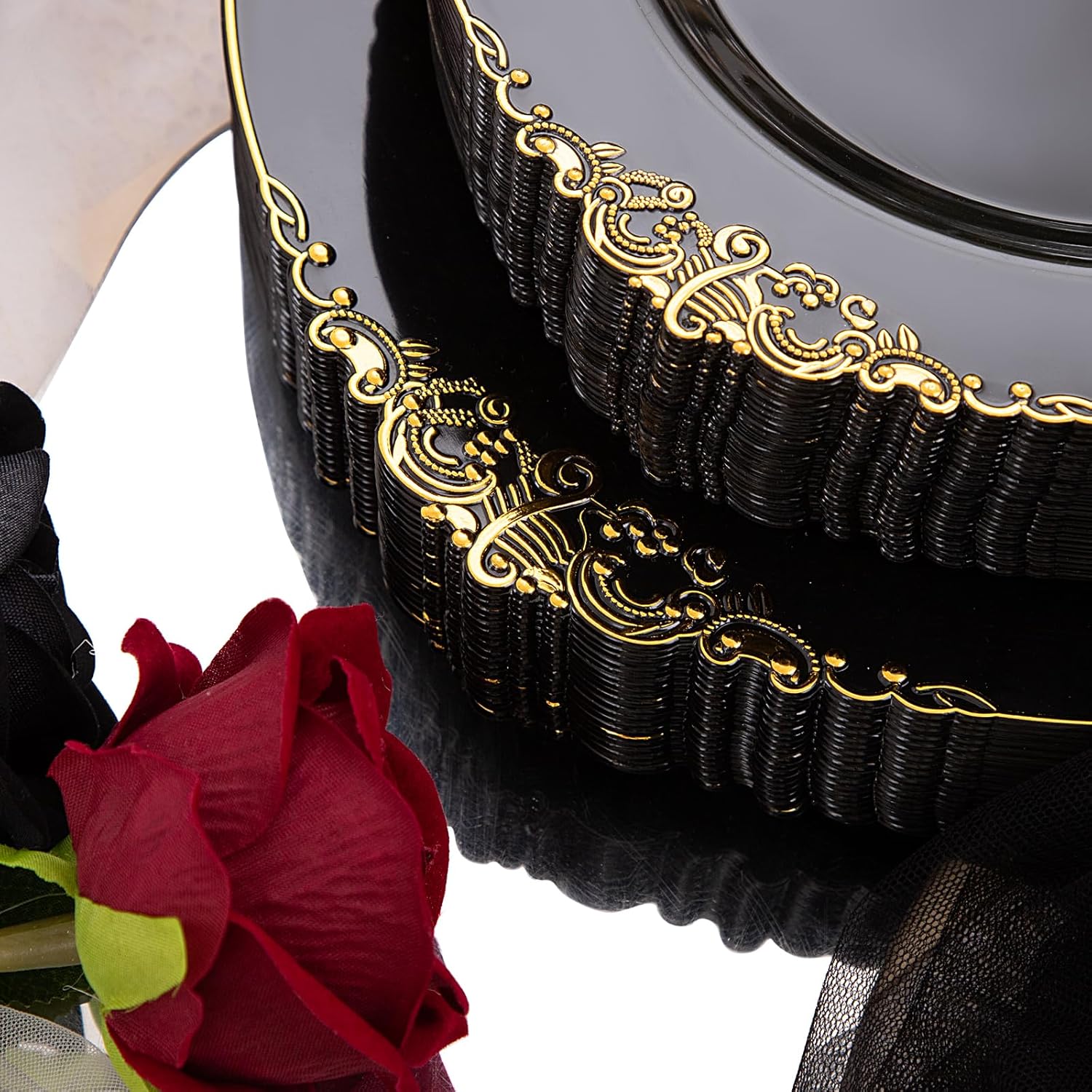 Hioasis 350pcs Black and Gold Plastic Plates Set for 50 Guests