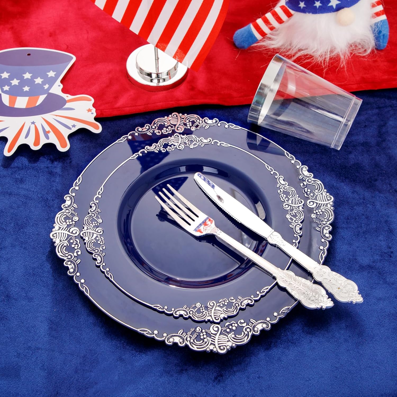 Hioasis 350pcs Blue and Silver Plates Set for 50 Guests