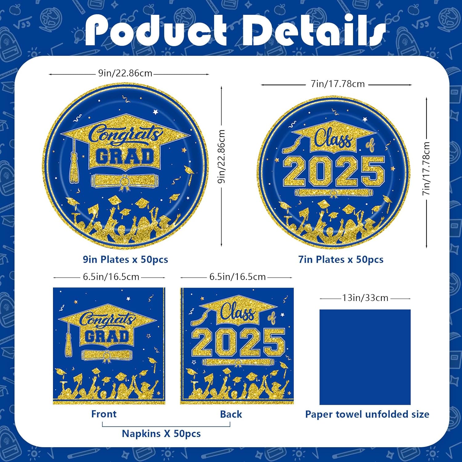Veramz 150 Pcs Graduation Party Plates Napkins Set Blue Gold