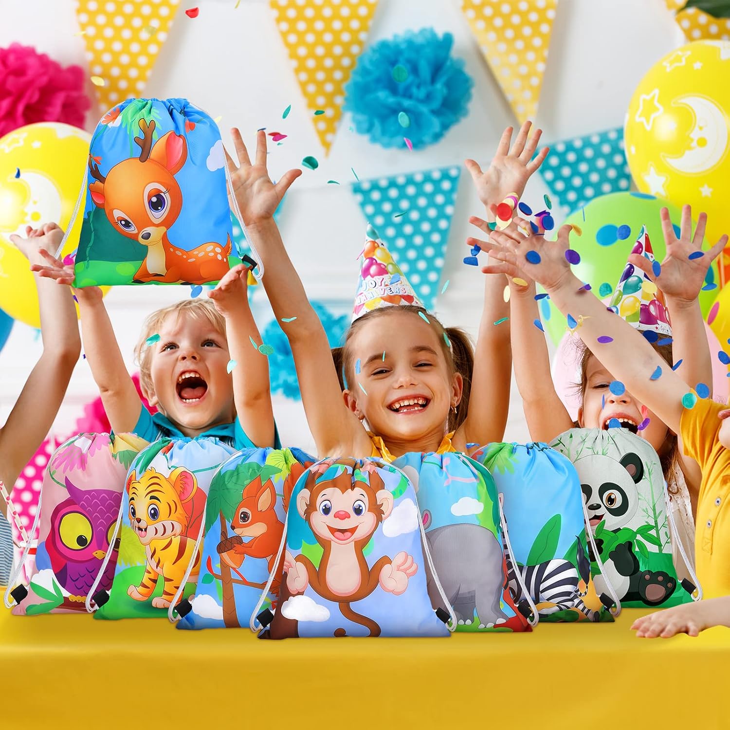 Gerrii 32 Piece Jungle Animal Drawstring Bags for Kids Birthday Party Supplies