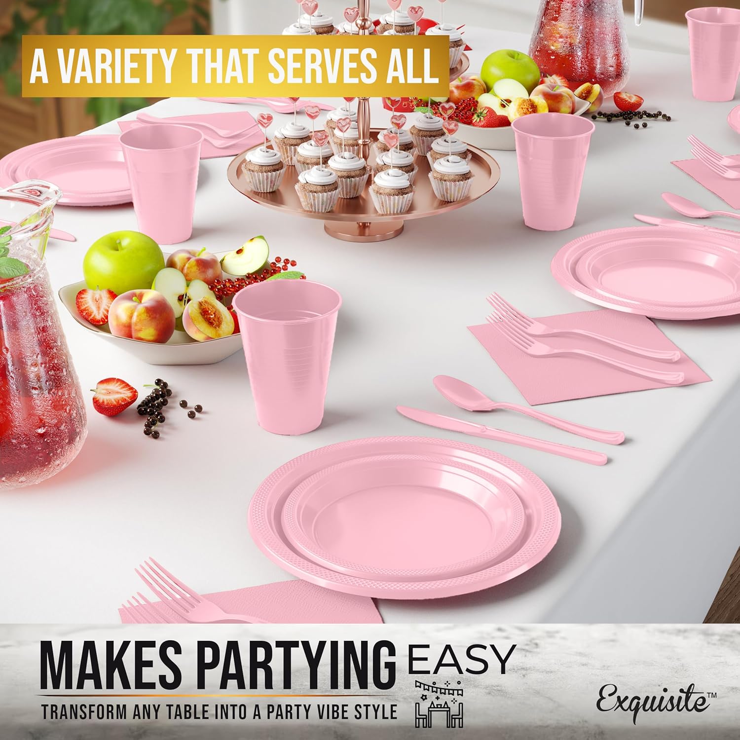 350 Pcs Pink Plastic Plates Set for Parties