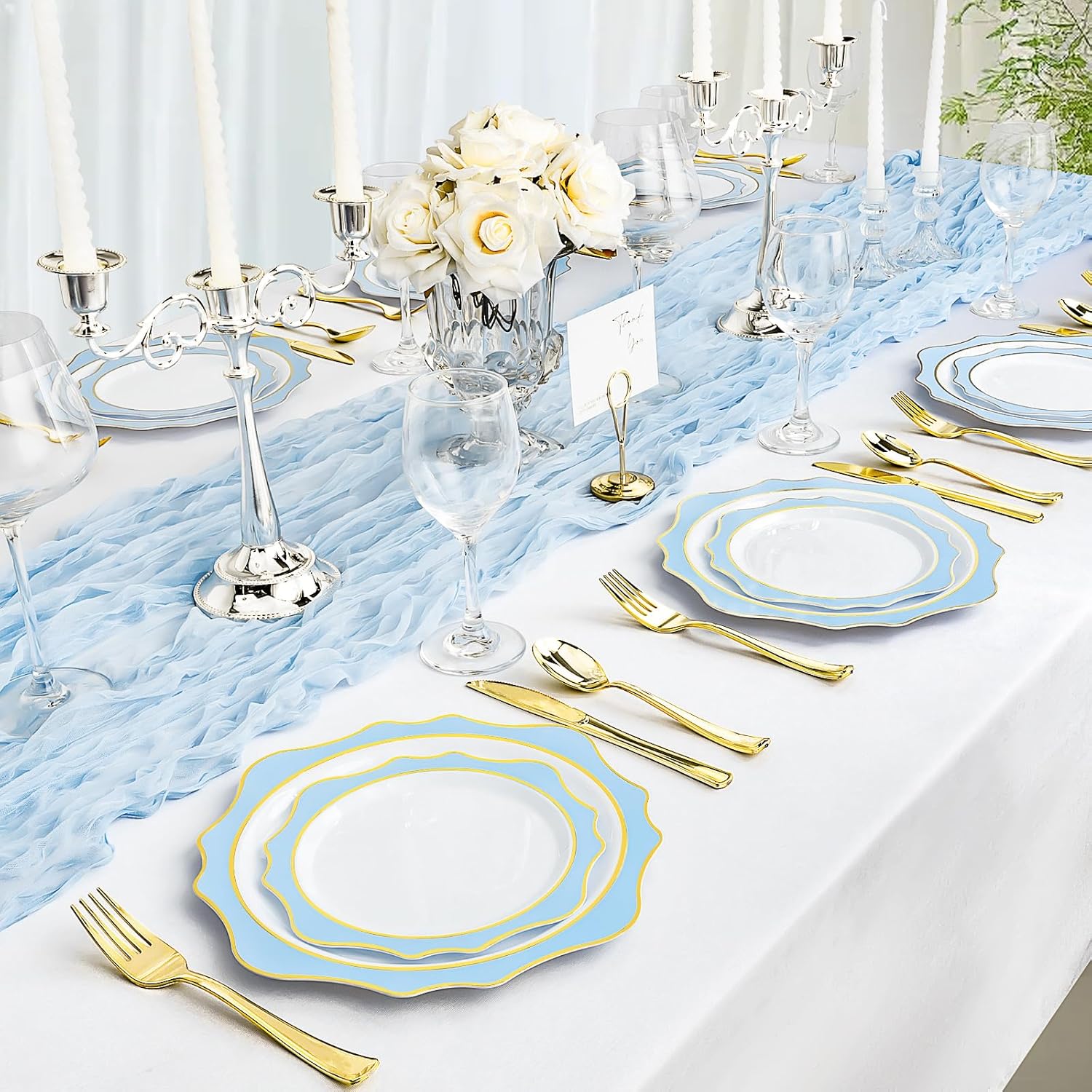 100 PCS White Blue Disposable Plates for 50 Guests Party Wedding Graduation