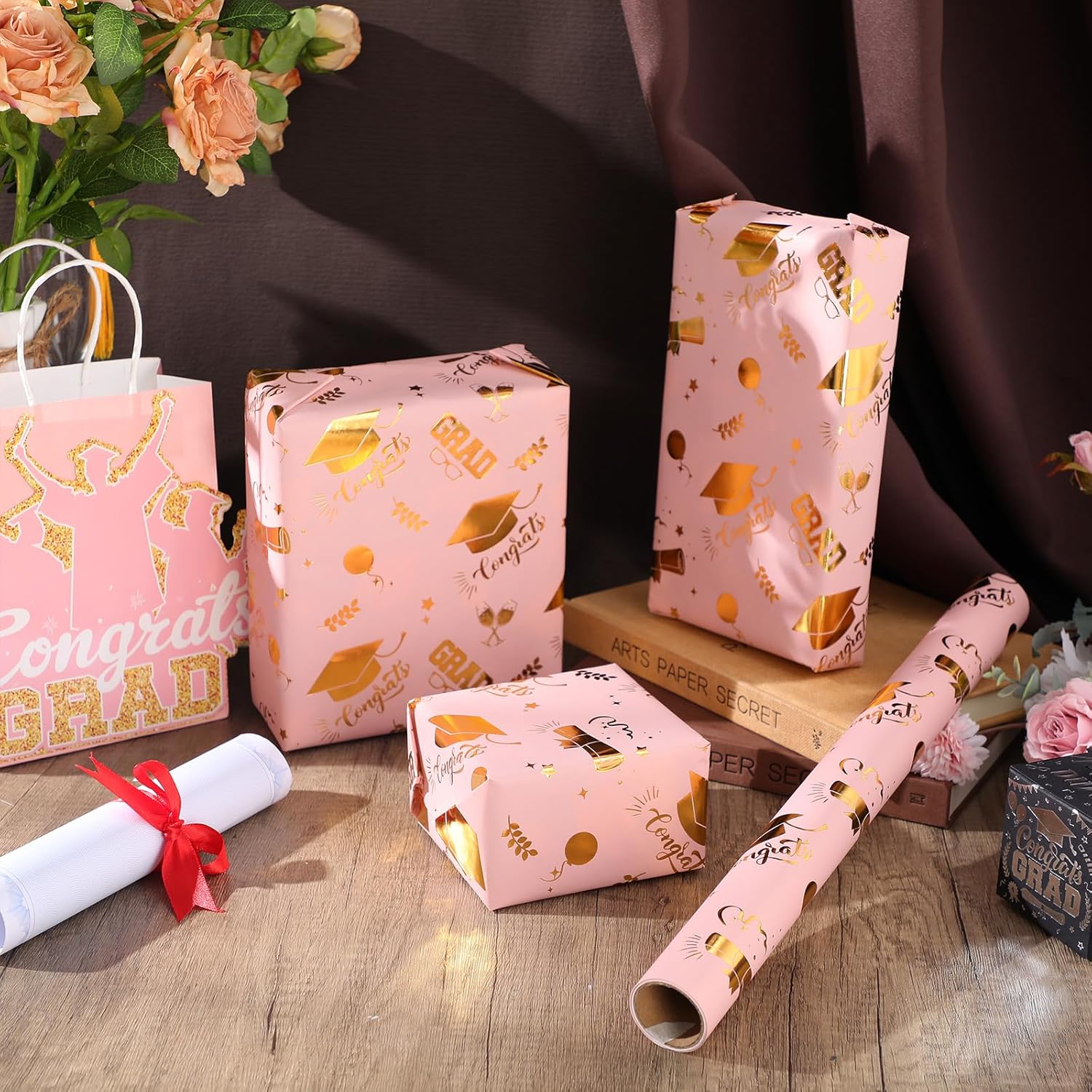 AmazingSpark 2025 Graduation Gift Wrap Paper Roll Pink