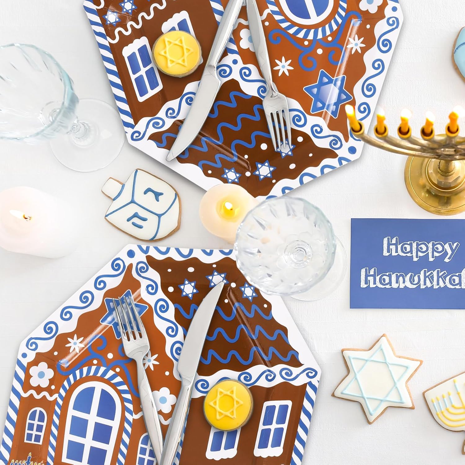 Whaline 24Pcs Hanukkah Paper Plates with Gingerbread House Design