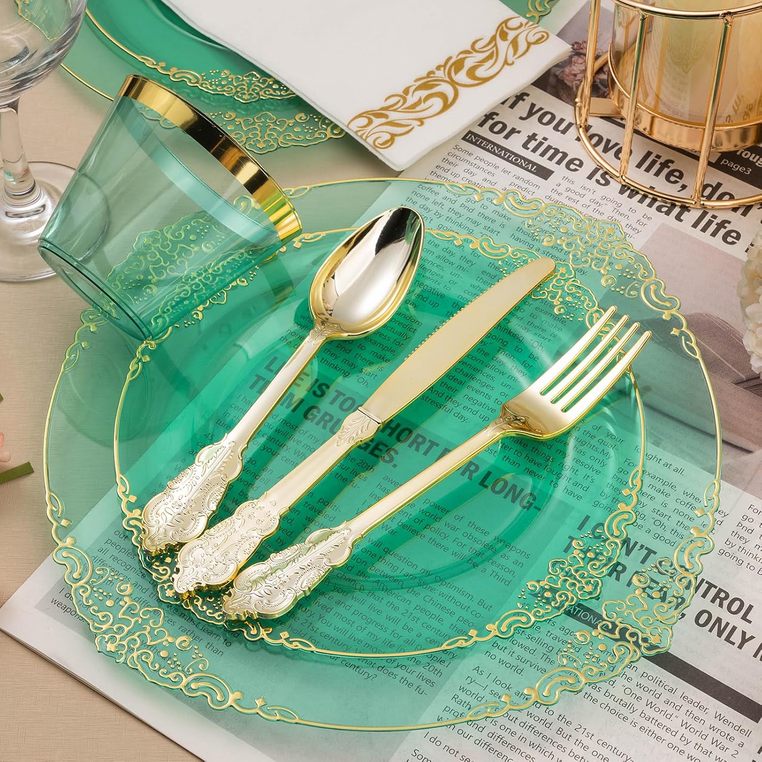 350PCS Clear Green Plastic Plates with Gold Trim for 50 Guests