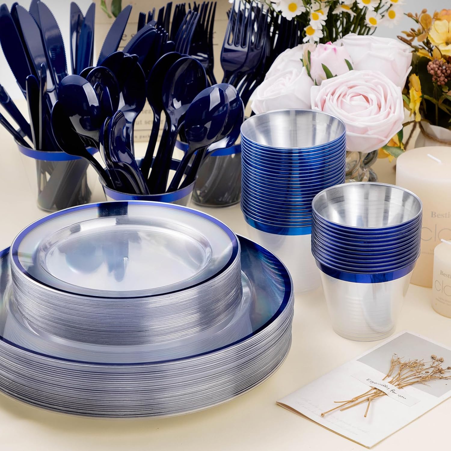 350PCS Blue and Clear Plastic Dinnerware Set for 50 Guests
