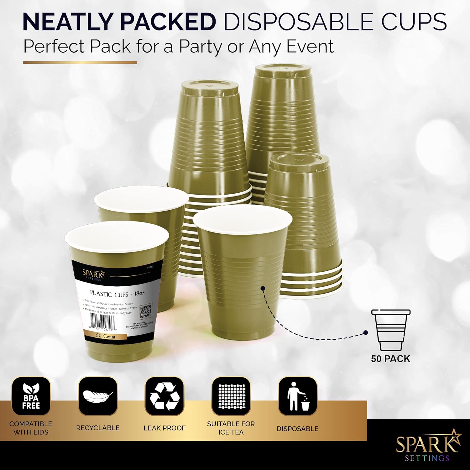 Amcrate 18-Ounce Plastic Cups 50 Pack Gold