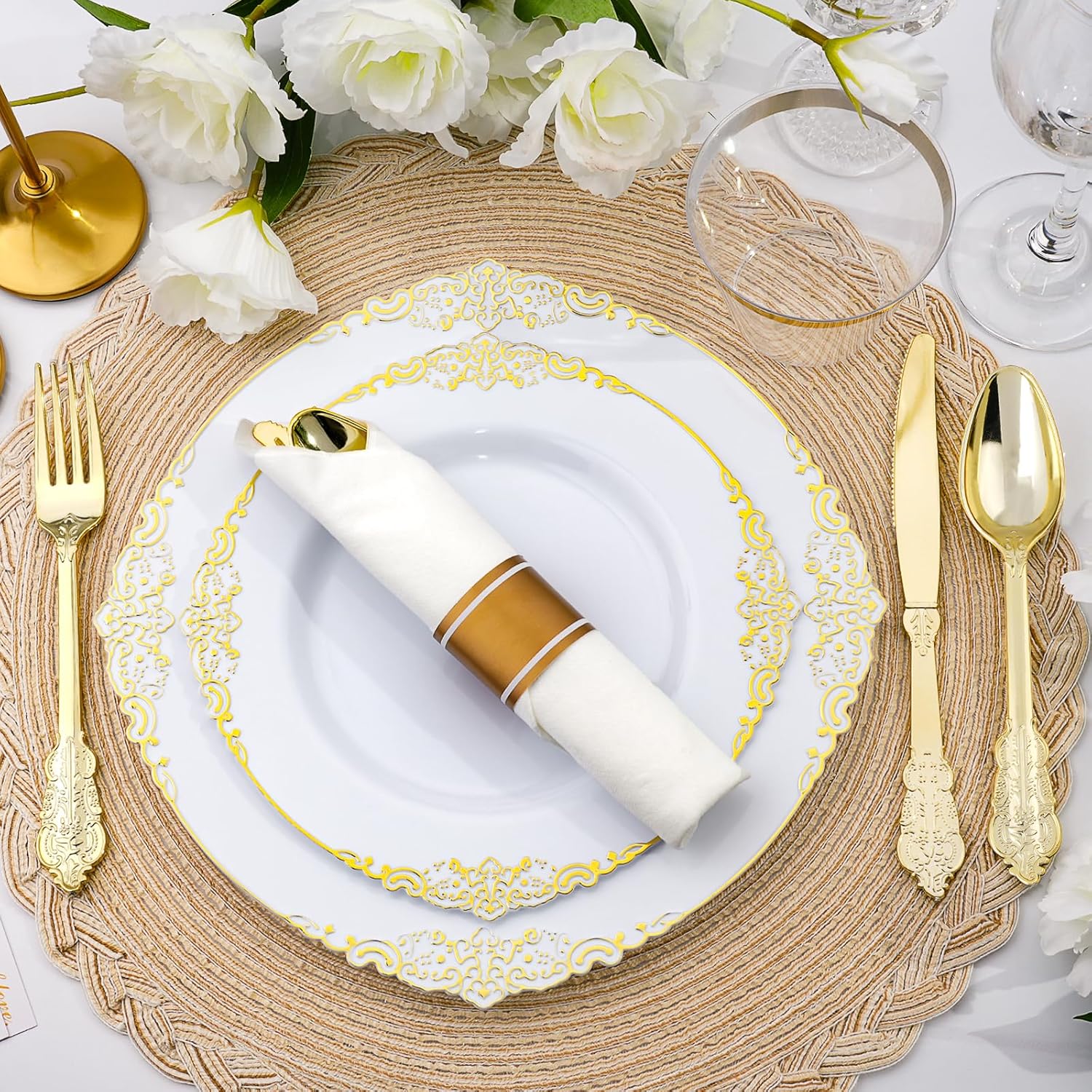350 PCS White Gold Plastic Plates for 50 Guests